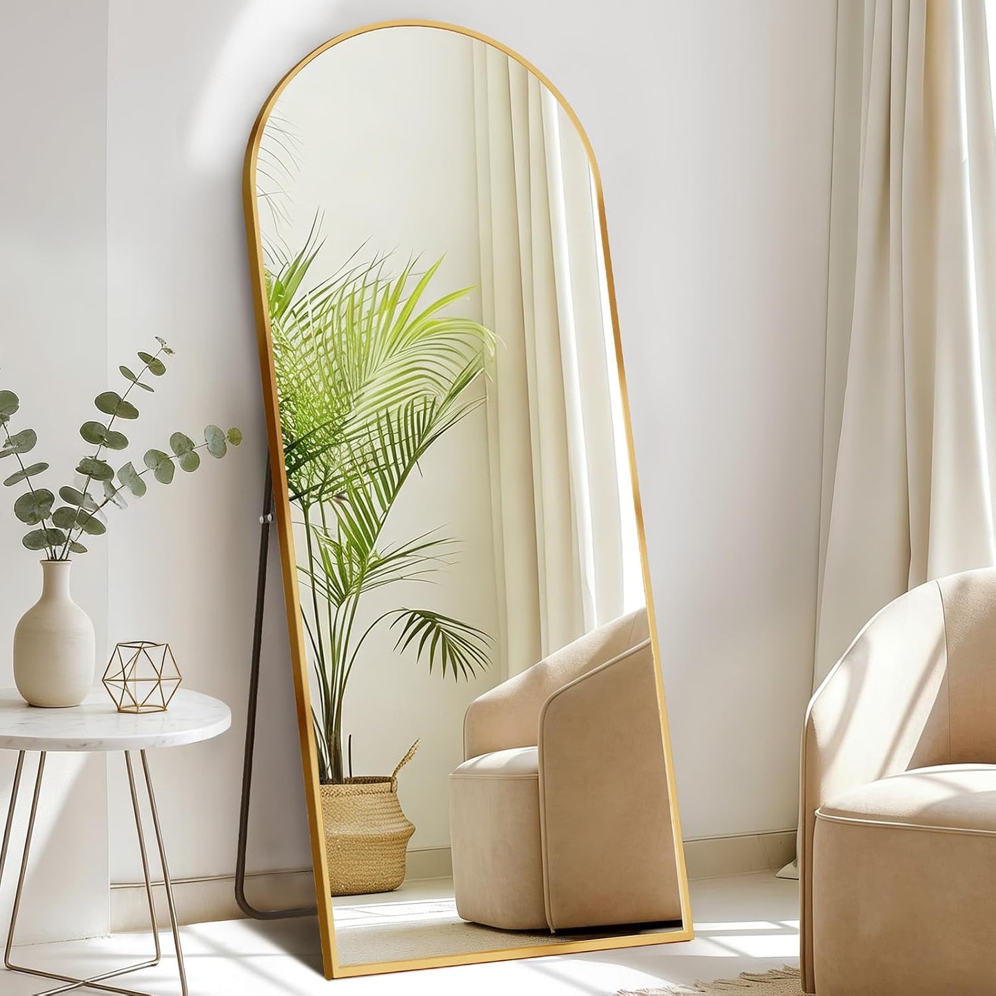 DUMOS 64"x21" Arched Full Length Floor Mirror, Full Body Mirror with Stand, Shatterproof Tempered Glass, Modern Aluminum Alloy Frame, Free Standing or Leaning for Home Decor, Gold