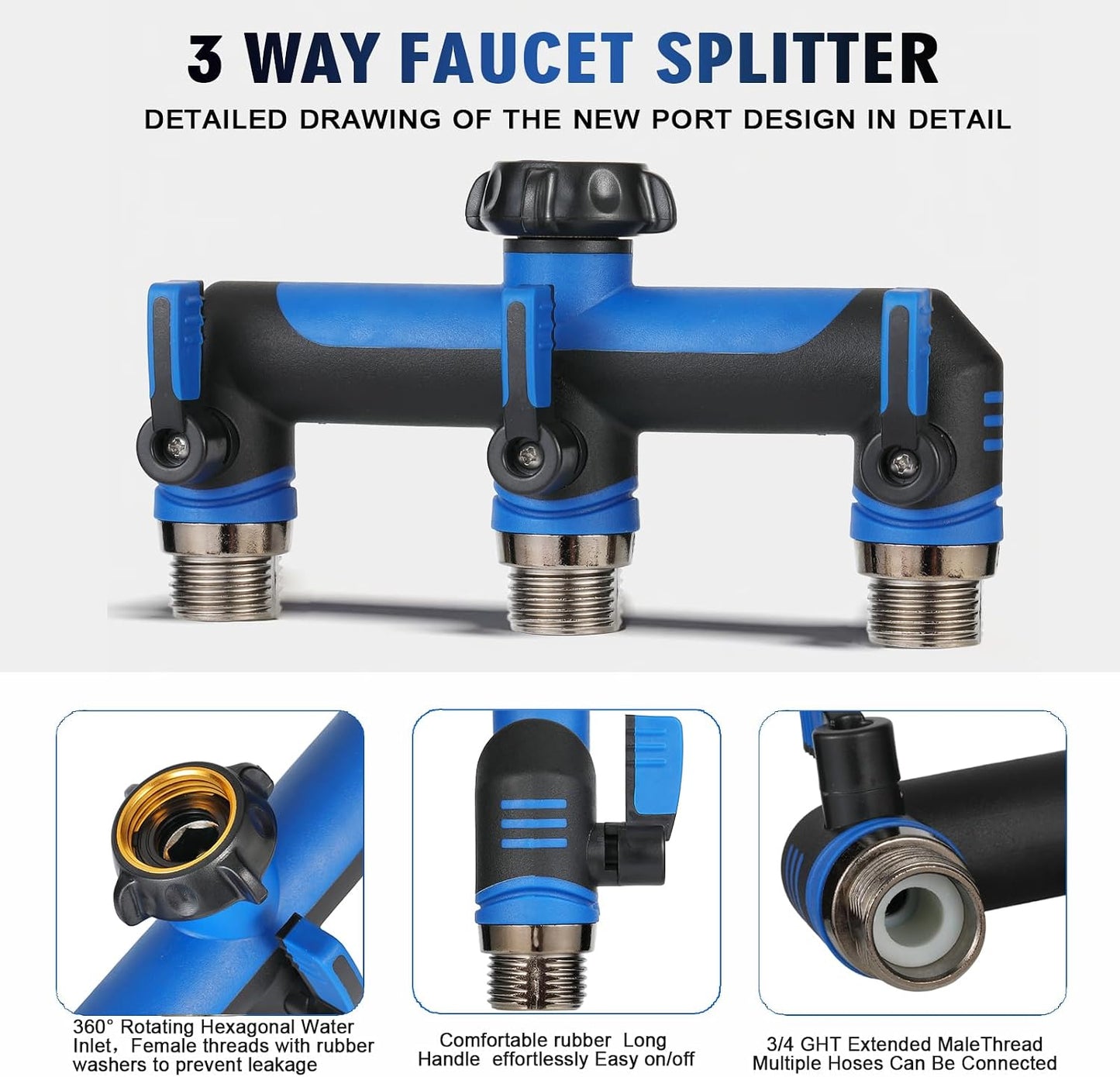 ATAOSGRGarden Hose Splitter 3 Way, 3/4" Outdoor Faucet Splitter, Tap Connector with On/Off Valves and Extended Handle, Tap Adapter Garden Hose Connector for Garden Outdoor Home - Greens