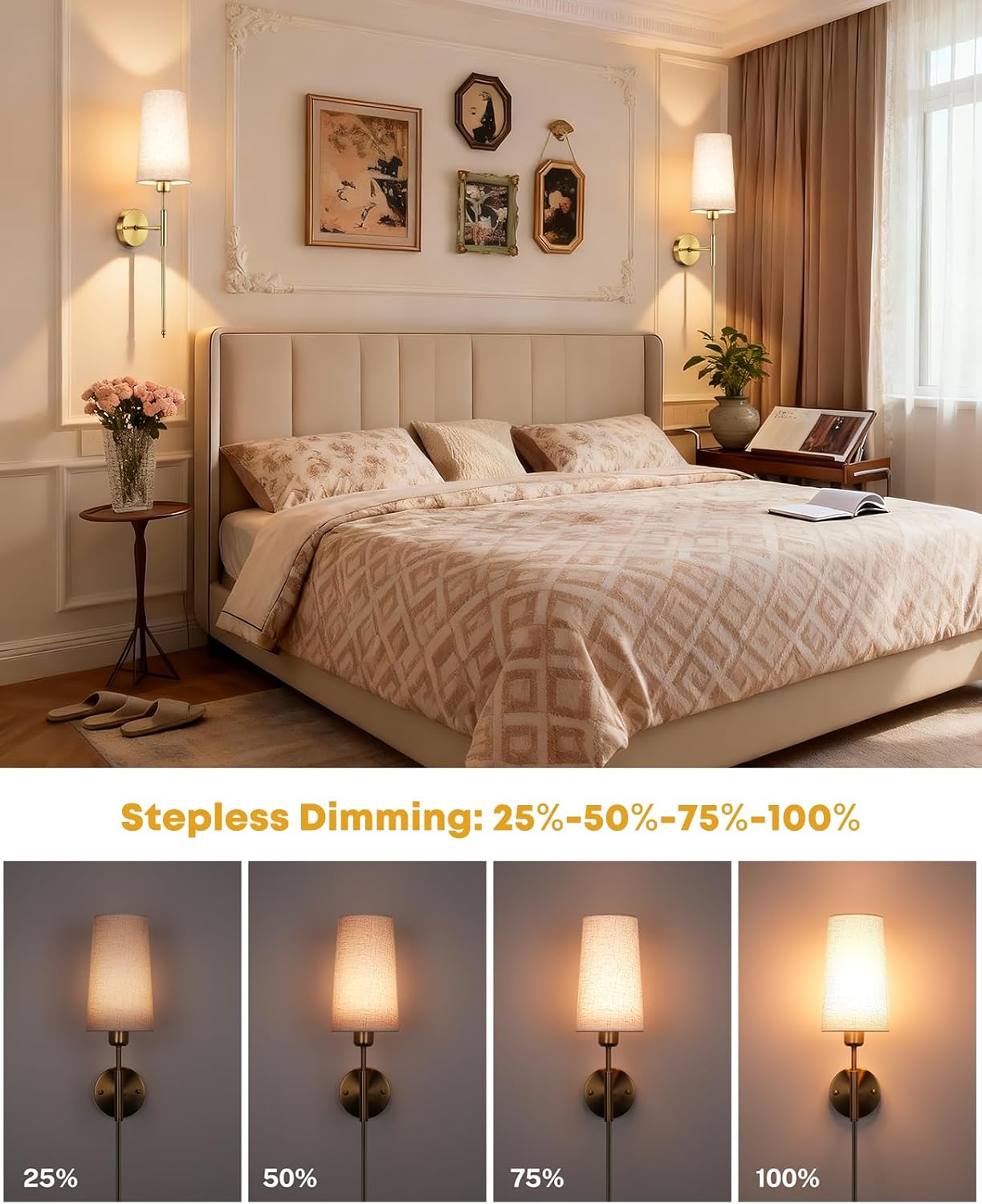Battery Operated Wall Sconce Set of 2, 13000mAh Rechargeable Battery Powered Sconces with Remote Dimmable Fabric Shade Wireless Sconces Fixture for Bedroom Living Room