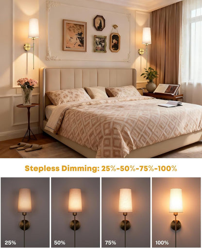 Battery Operated Wall Sconce Set of 2, 13000mAh Rechargeable Battery Powered Sconces with Remote Dimmable Fabric Shade Wireless Sconces Fixture for Bedroom Living Room