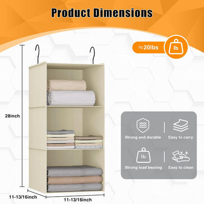 Hanging Closet Organizer 3-Shelf, Oxford Fabric Wardrobe Storage, Gray | Easy-mount foldable design holds clothes, handbags, shoes & accessories; washable Oxford fabric, sturdy and space-saving.