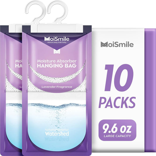 Moisture Absorbers Bag 10 Pack, Hanging Dehumidifier Bags for Closet, Car, Bathrooms, Humidity Absorber Packs with Lavender Fragrance, 9.6OZ