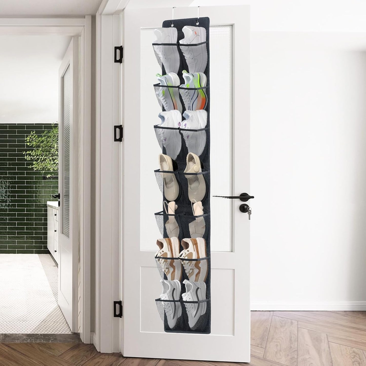 PVWSG Over The Door Shoe Organizer, 14 Large Mesh Pockets Hanging Shoe Rack for Closet Organizers and Storage, White, 2-pack (white)