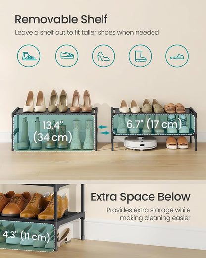 SONGMICS Shoe Rack, 2-Tier Shoe Storage Organizer, Space-Saving, 11.7 x 16.5 x 12.2 Inches, Entryway, Metal Frame, Non-Woven Fabric Shelves, Ink Black ULSH012BH01