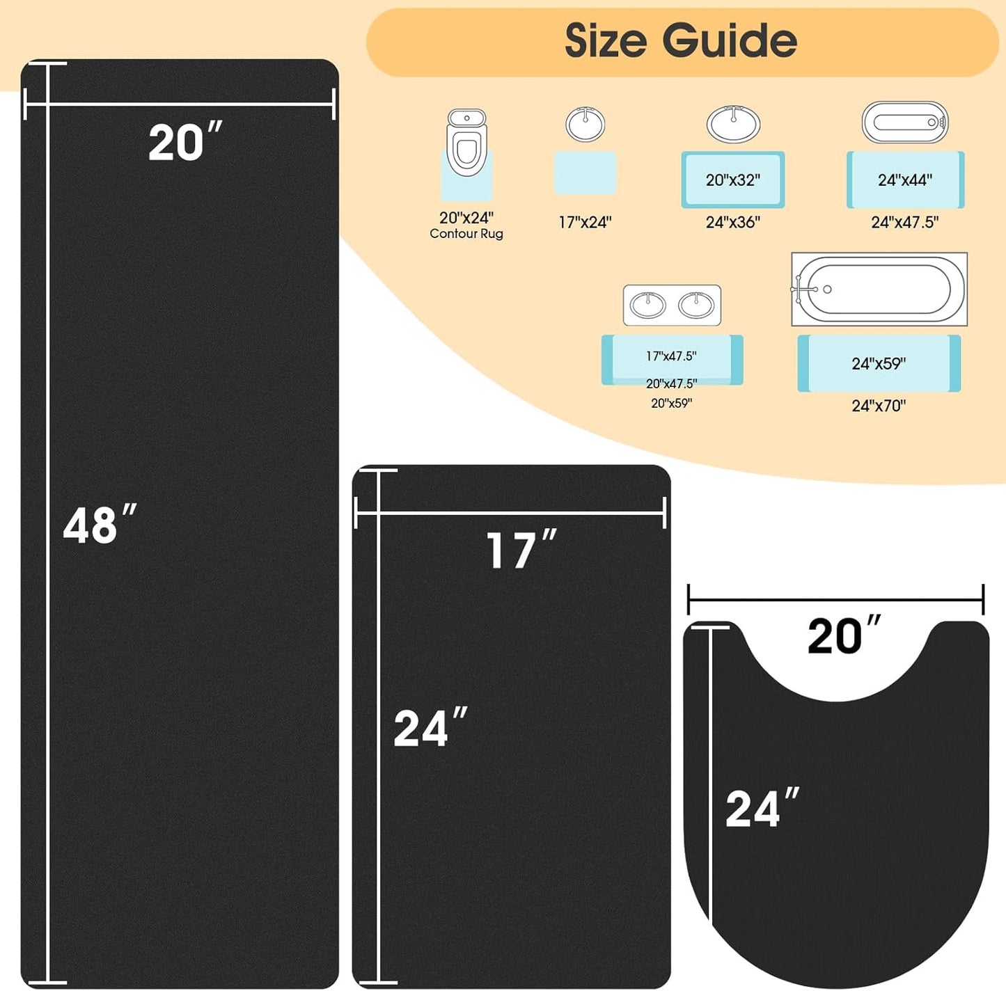 ACCUMTEK Non Slip Bath Mat, Thin Bathroom Rugs Fit Under Door, Quick Dry Bath Mats, Machine Washable Bath Rugs for Bathroom, Bathtub & Kitchen, Grey/Bordered/24 x17