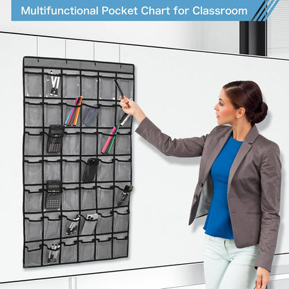 SAVERHO 36 Clear Pockets Classroom Pocket Chart for Cell Phone and Calculator Holder, Door Hanging Pocket Chart for Classroom Phone Holder with Number Sticker and Hooks (Blue)