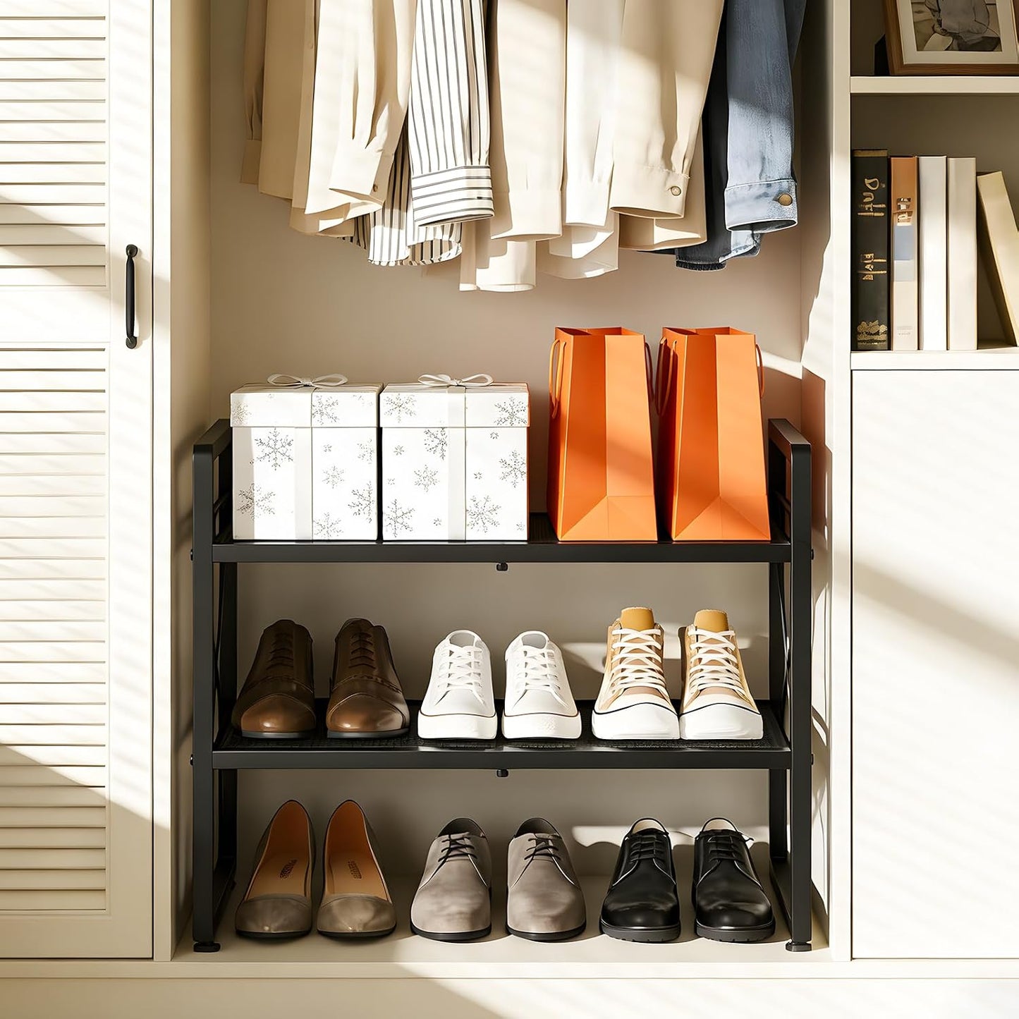 ELYKEN Shoe Rack, 2-Tier Expandable Shoe Organizer for Closet, Metal Black Shoe Shelf with 4 Hooks, Adjustable Shoe Stand Holder for Entryway, Garage, Door Entrance