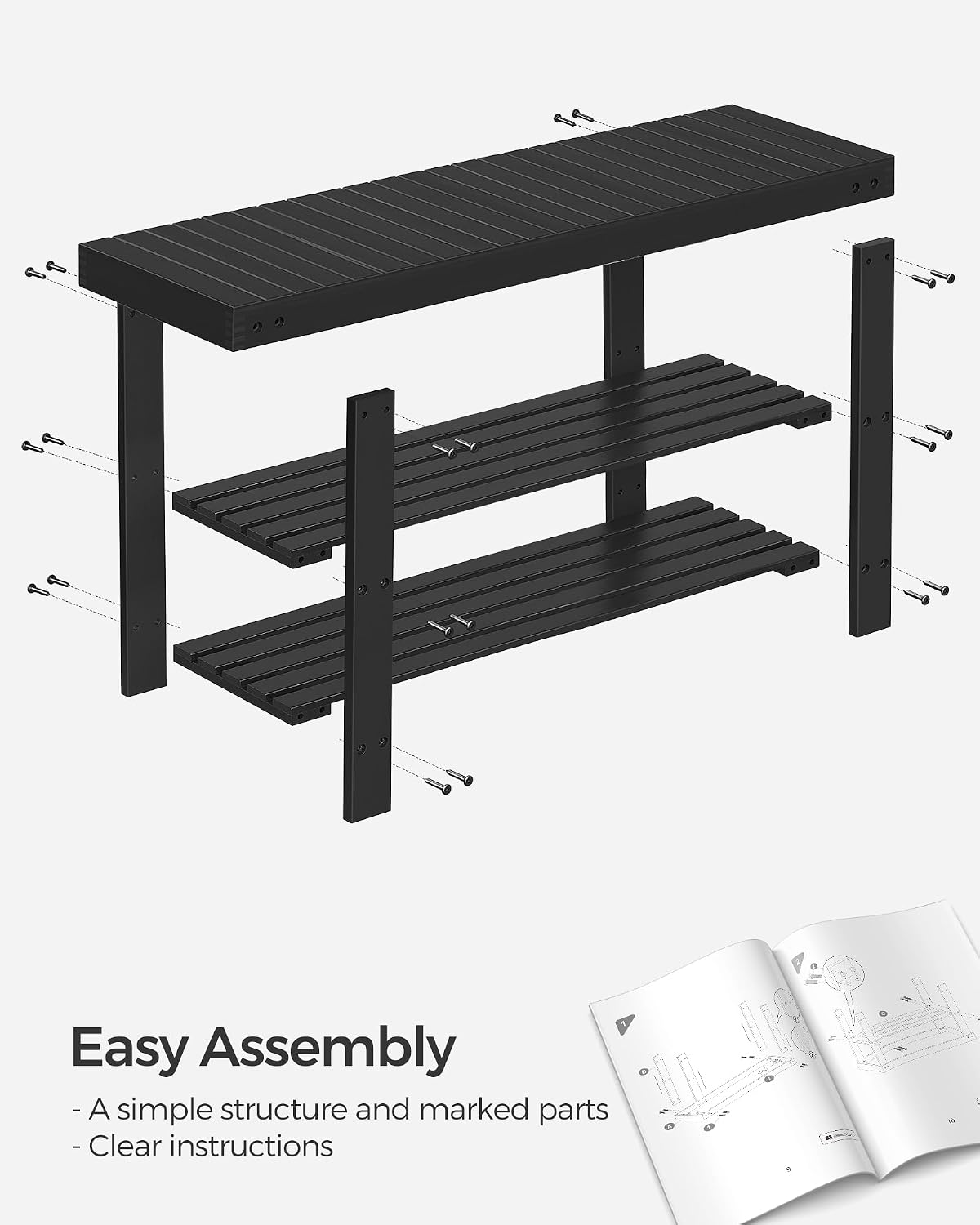 SONGMICS Shoe Rack Bench, 3-Tier Bamboo Shoe Storage Organizer, Entryway Bench, Holds Up to 286 lb, 11.3 x 27.6 x 17.8 Inches, for Entryway Bathroom Bedroom, Ink Black ULBS04H