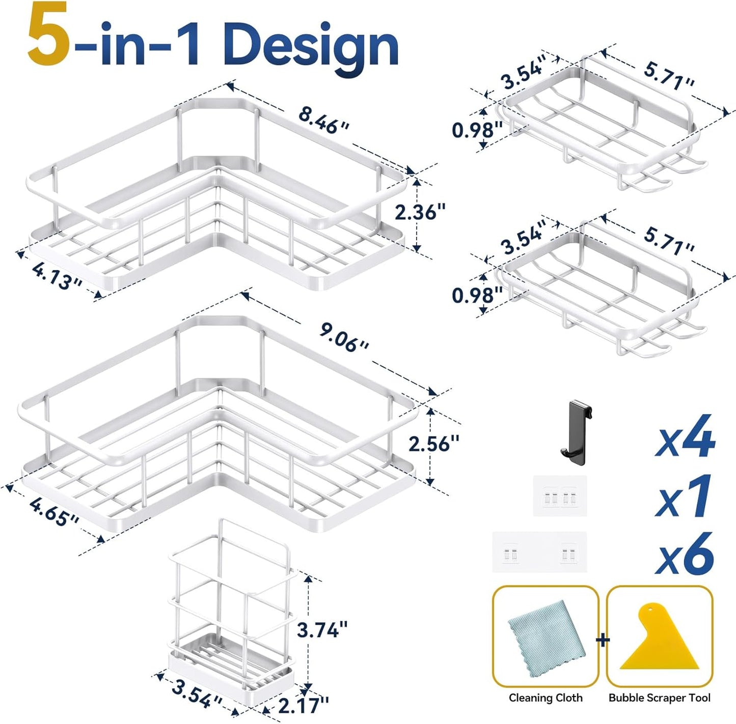 YASONIC Corner Shower Caddy, 5-Pack Adhesive Rustproof Stainless Steel Shower Organizer with Soap Holder, No Drilling Shower Shelf for Inside Shower, Dorm, Renters, Black