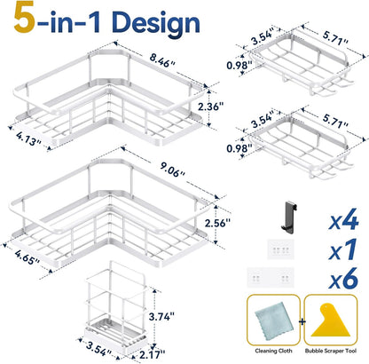YASONIC Corner Shower Caddy, 5-Pack Adhesive Rustproof Stainless Steel Shower Organizer with Soap Holder, No Drilling Shower Shelf for Inside Shower, Dorm, Renters, Black