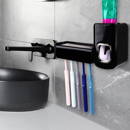 5 Slots Wall Mount Toothbrush Holder with Cover, Self Adhesive Toothbrush Storage Organizer for Shower, Toothbrush Hanger with Automatic Toothpaste Squeezer Dispenser