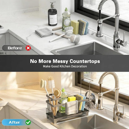 Sponge Holder for Kitchen Sink, Sink Caddy Organizer with Detachable Cloth & Brush Holder, Self-Draining Sponge Caddy Organizer with 360° Rotatable Spout, Kitchen Countertop Storage Accessories(Black)