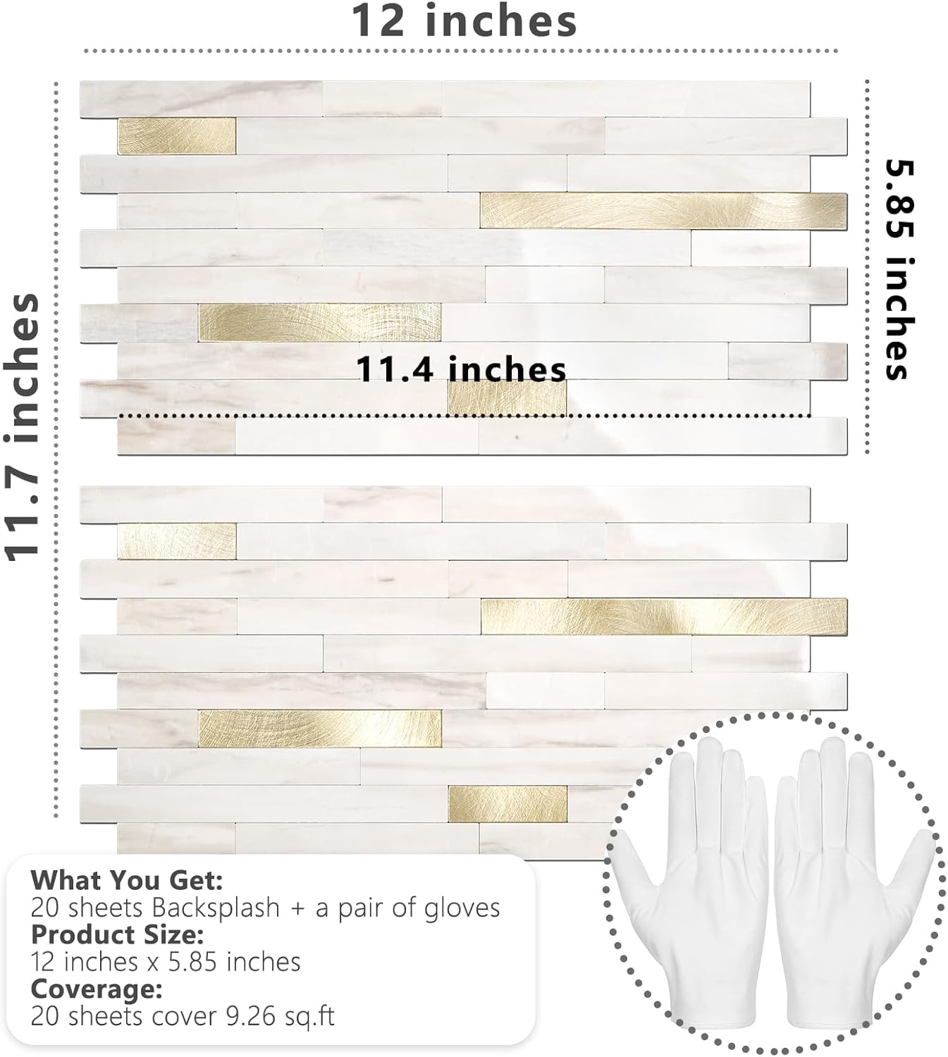 STICKGOO 20 Sheets Peel and Stick Backsplash Tile, Stick on Backsplash for Kitchen and Bathroom, White Sandstone Look PVC Mixed Metal Gold Self Adhesive Wall Tiles