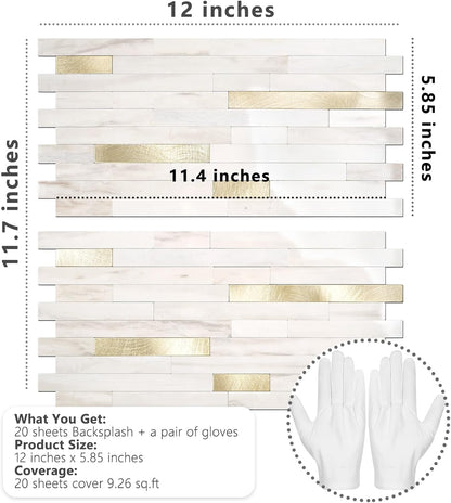 STICKGOO 20 Sheets Peel and Stick Backsplash Tile, Stick on Backsplash for Kitchen and Bathroom, White Sandstone Look PVC Mixed Metal Gold Self Adhesive Wall Tiles