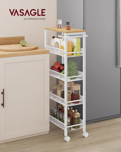 VASAGLE Slim Rolling Cart, 4-Tier Narrow Storage Cart with Handle, 5.1 Inches Deep, Metal Frame, for Kitchen, Dining Room, Living Room, Home Office, Rustic Brown and Classic Black ULRC032B01V1