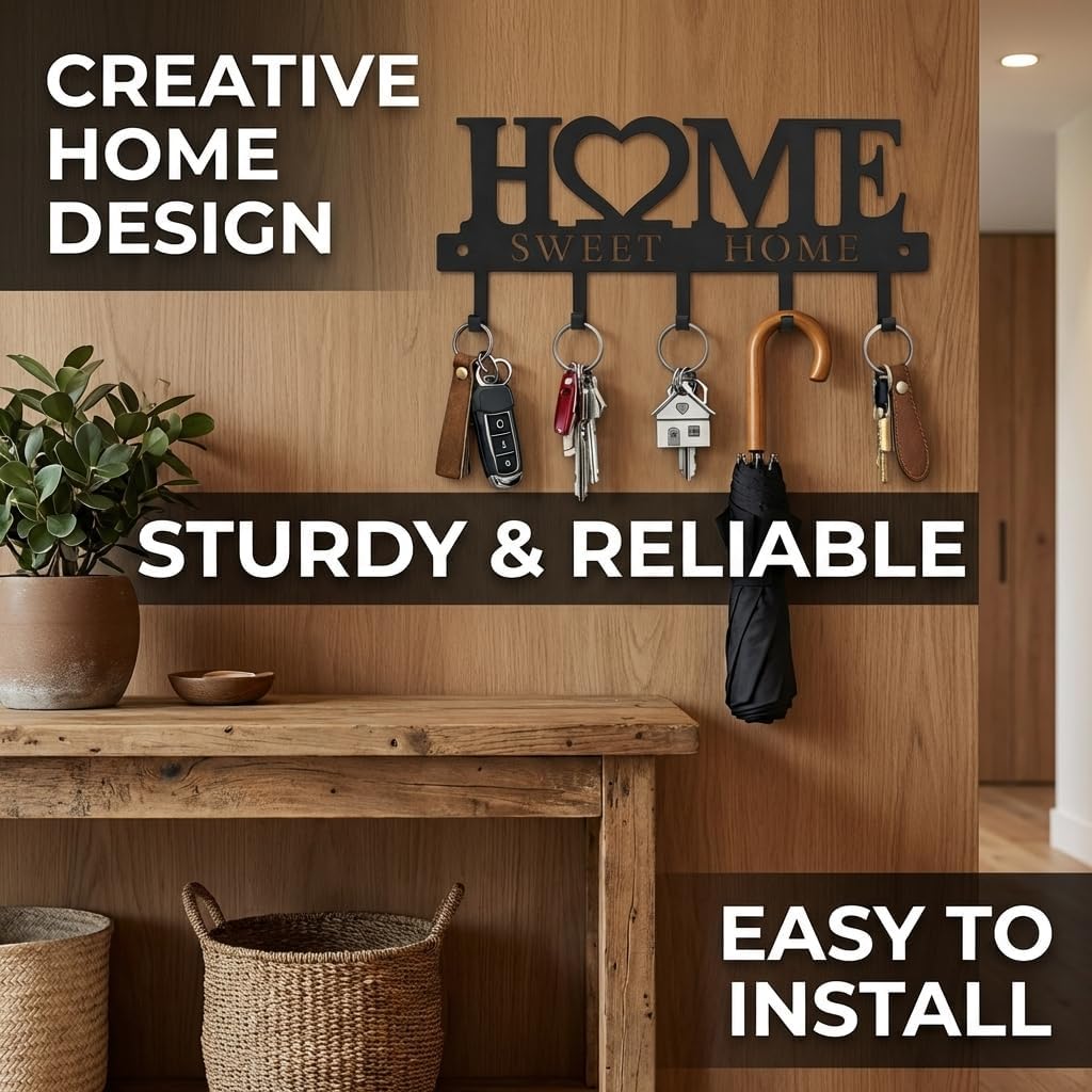 Key Holder Hooks Organizer Hanger Rack Wall Mounted Sweet Home Metal Decor Stylish and Practical for Entryway Front Door Kitchen Hallway Garage Mudroom Office Hardware Included Black