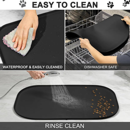 SMILOOL Silicone Pet Food Mat with Raised Edge for Food and Water Bowl, Dog Feeding Mats, Cat Food Trays for Floor Waterproof, Rubber Tray for Dogs and Cats, 19 x 12 x 0.7 Black