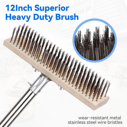 Heavy Duty Wire Broom with 70.8" Telescopic Handle: Stainless Steel Outdoor Broom for Cleaning Moss Concrete Floors Grout Gardens Patio Deck Concrete Garage