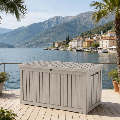 Outdoor Waterproof Resin Storage Deck Box Lockable Outside Bench UV Resistant Bin Patio Porch Furniture Pool Float Garden Tool Cushion (Black, 85 Gallon)
