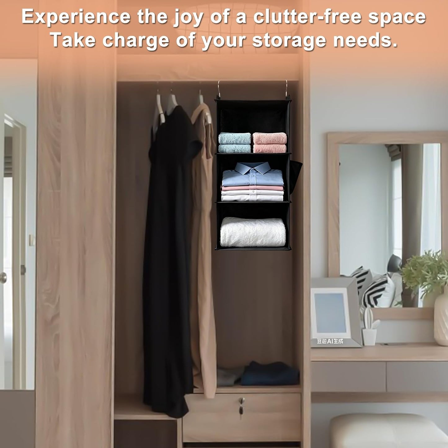 BOOMIBOO Hanging Closet Organizer and Shelves, 4 Shelves with 1 Side Pockets, Foldable, Grey Fabric, Modern Style, for Bedroom and Dorm Room (Grey)