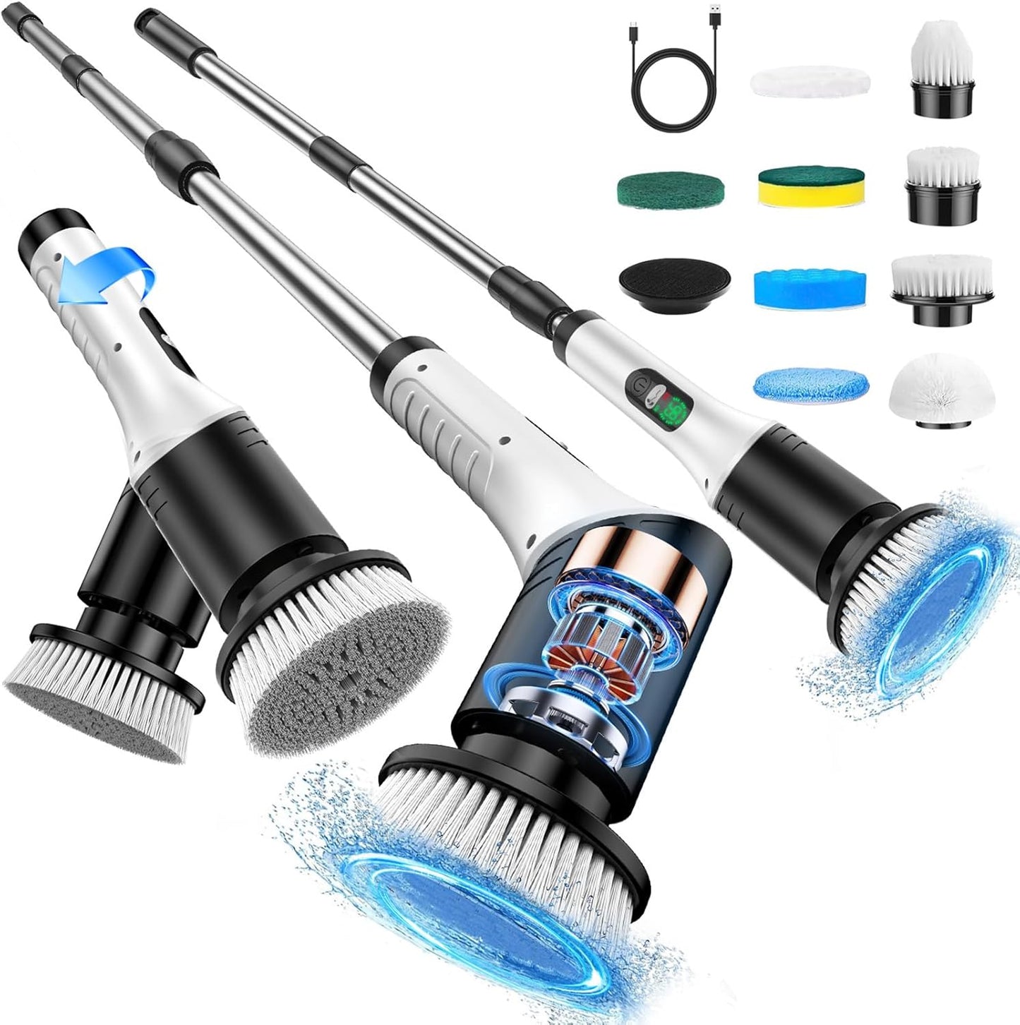 Weytoll Electric Spin Scrubber, IPX65 400/450rpm Electric Cleaning Brush Kit with Extendable Handle and 9 Interchangeable Heads Multifunctional Handheld Cordless Scrubber for Kitchen Bathroom