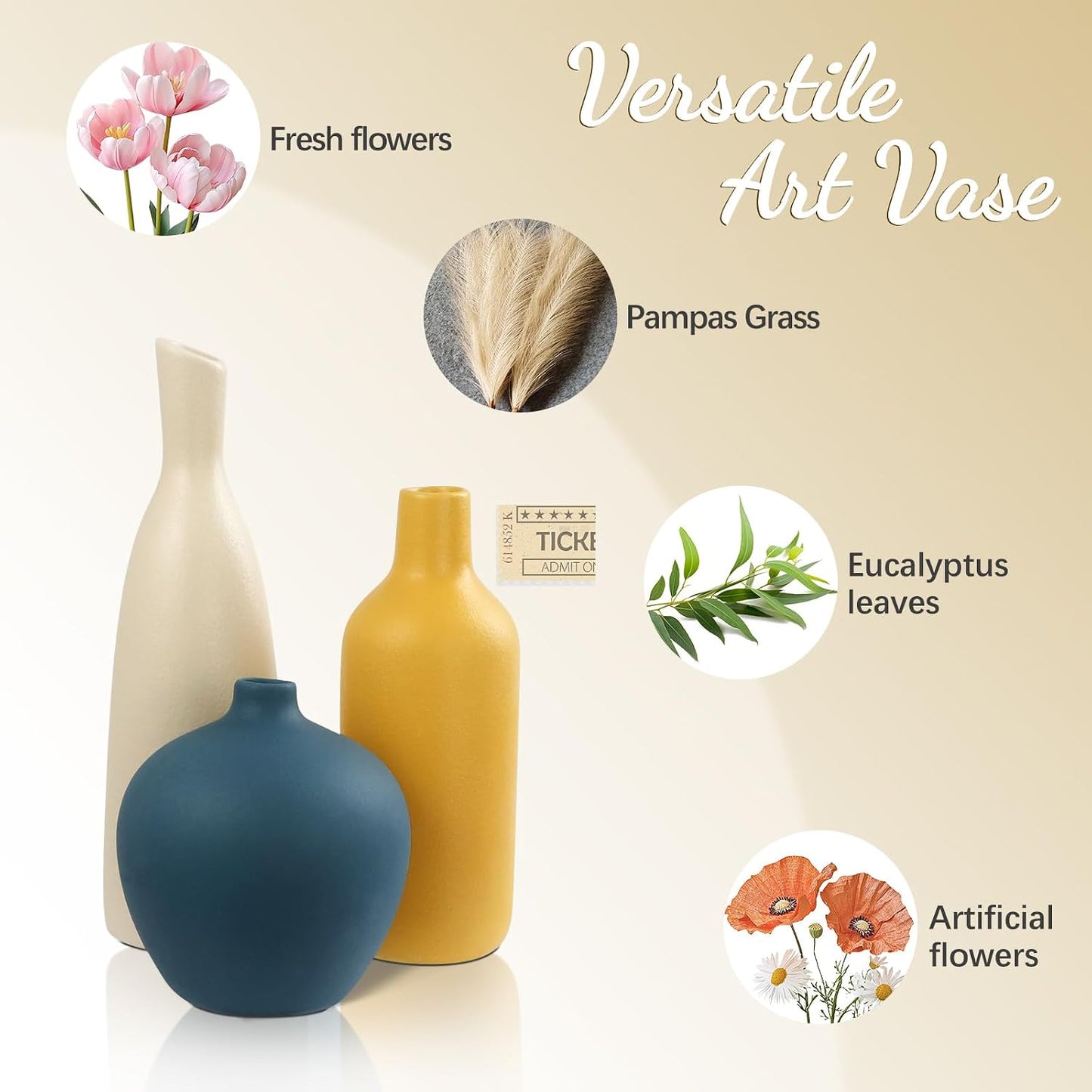 JINGIHE Ceramic Vase Set of 3, Small White Burnt Orange Blue Flower Vases, Modern Farmhouse Home Decor for Bud Pampas Grass Living Room End Coffee Table Centerpieces Mantel Christmas