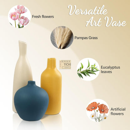 JINGIHE Ceramic Vase Set of 3, Small White Burnt Orange Blue Flower Vases, Modern Farmhouse Home Decor for Bud Pampas Grass Living Room End Coffee Table Centerpieces Mantel Christmas