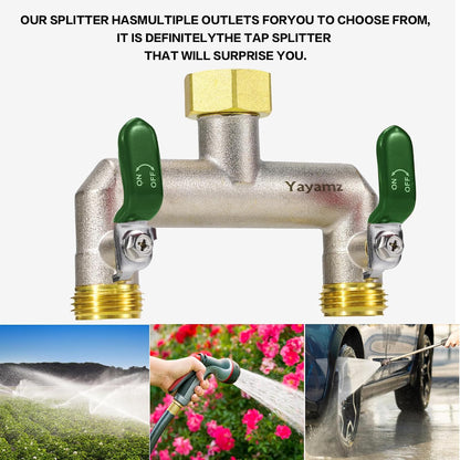 Garden Hose Splitter, 3/4” Rust and Freeze Resistant Outdoor Hose Manifold with 2 Red Extra Long Handles Faucet Adapter-Heavy Duty Brass Nickel Plated 2-Way Valve