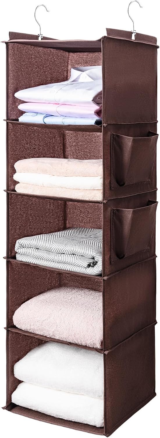 BOOMIBOO Hanging Closet Organize and Shelves，5-Hanging Shelf with 2 Side Pockets，Storage Foldable （Grey）