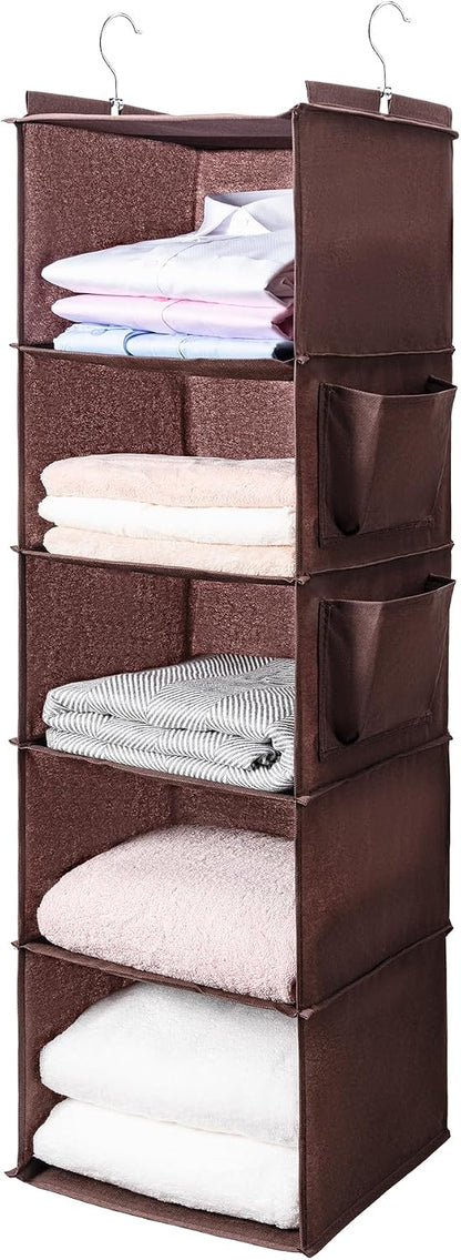BOOMIBOO Hanging Closet Organize and Shelves，5-Hanging Shelf with 2 Side Pockets，Storage Foldable （Grey）