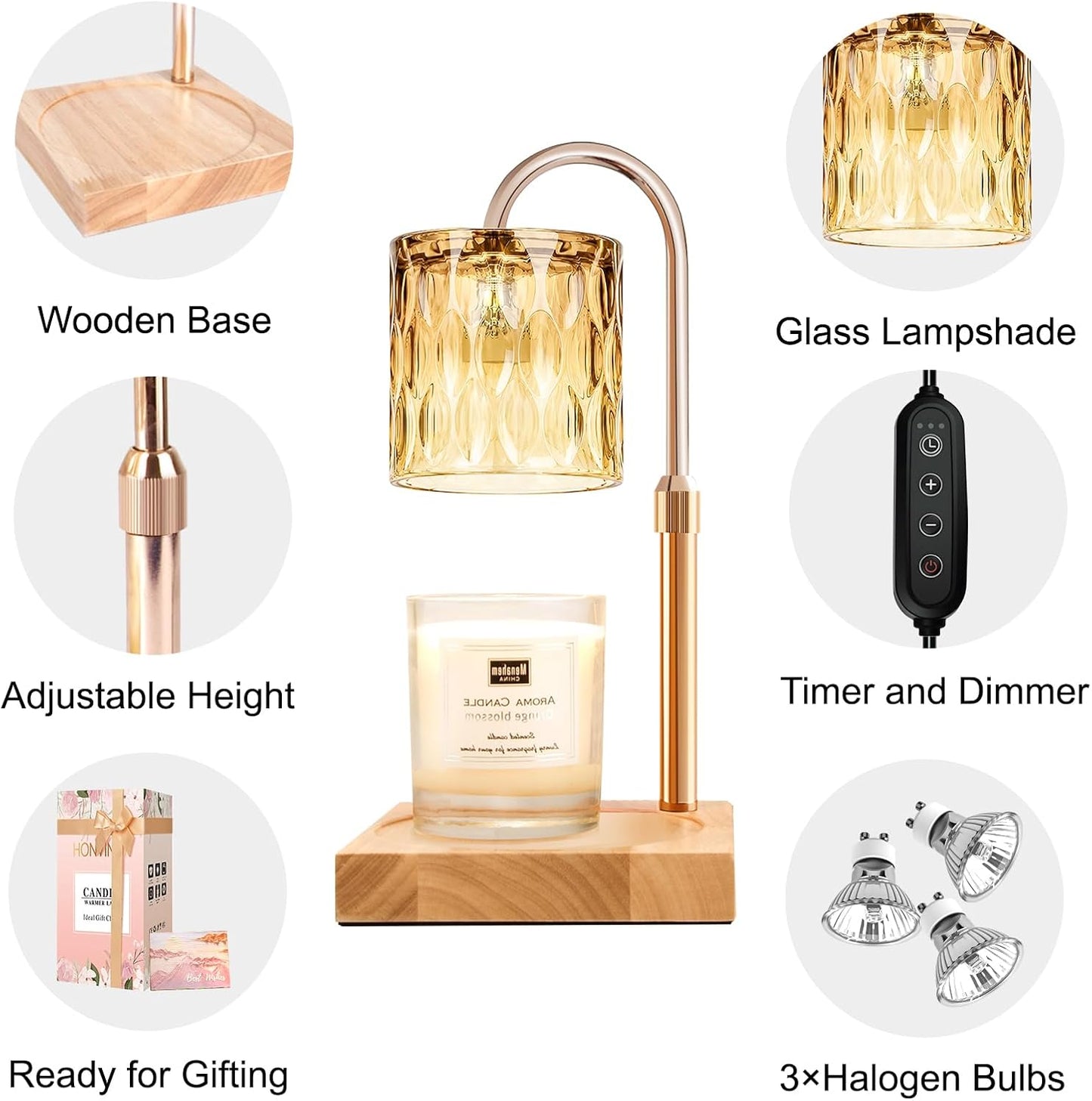 Candle Warmer Lamp with Timer & Dimmer, Candle Warmer Height Adjustable, Fits All Jar Scented Candles, Candle Lamp with 3 Bulbs, Charming Gift Box with Ribbon for Gifting