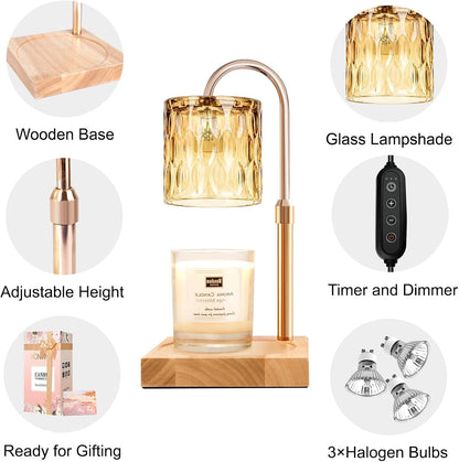 Candle Warmer Lamp with Timer & Dimmer, Candle Warmer Height Adjustable, Fits All Jar Scented Candles, Candle Lamp with 3 Bulbs, Charming Gift Box with Ribbon for Gifting