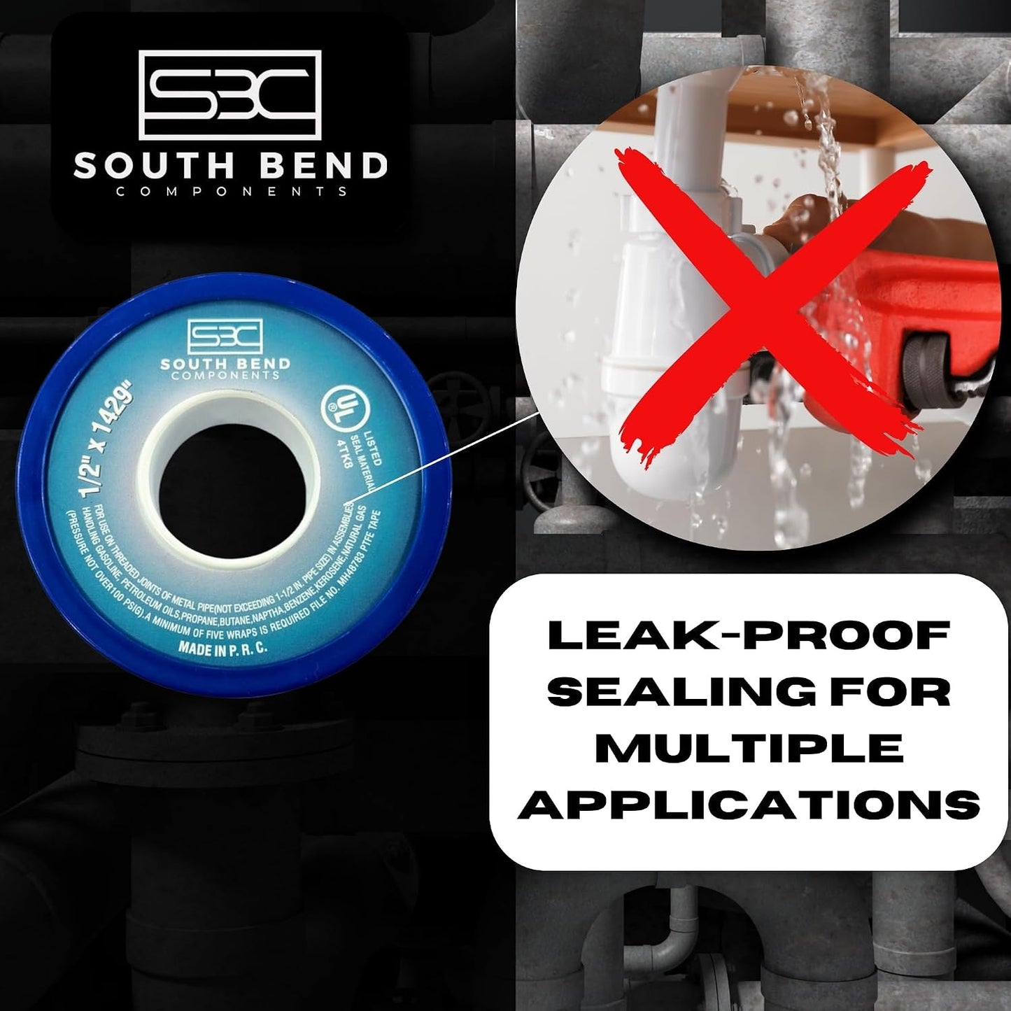 South Bend Components 1/2 Inch x 1429 Inch 70885 PTFE Thread Seal Tape – Teflon Tape for Plumbing, Gas, Water, and Air Systems | Leak-Proof, Durable Thread Tape for Metal and Plastic Pipes (1-Pack)