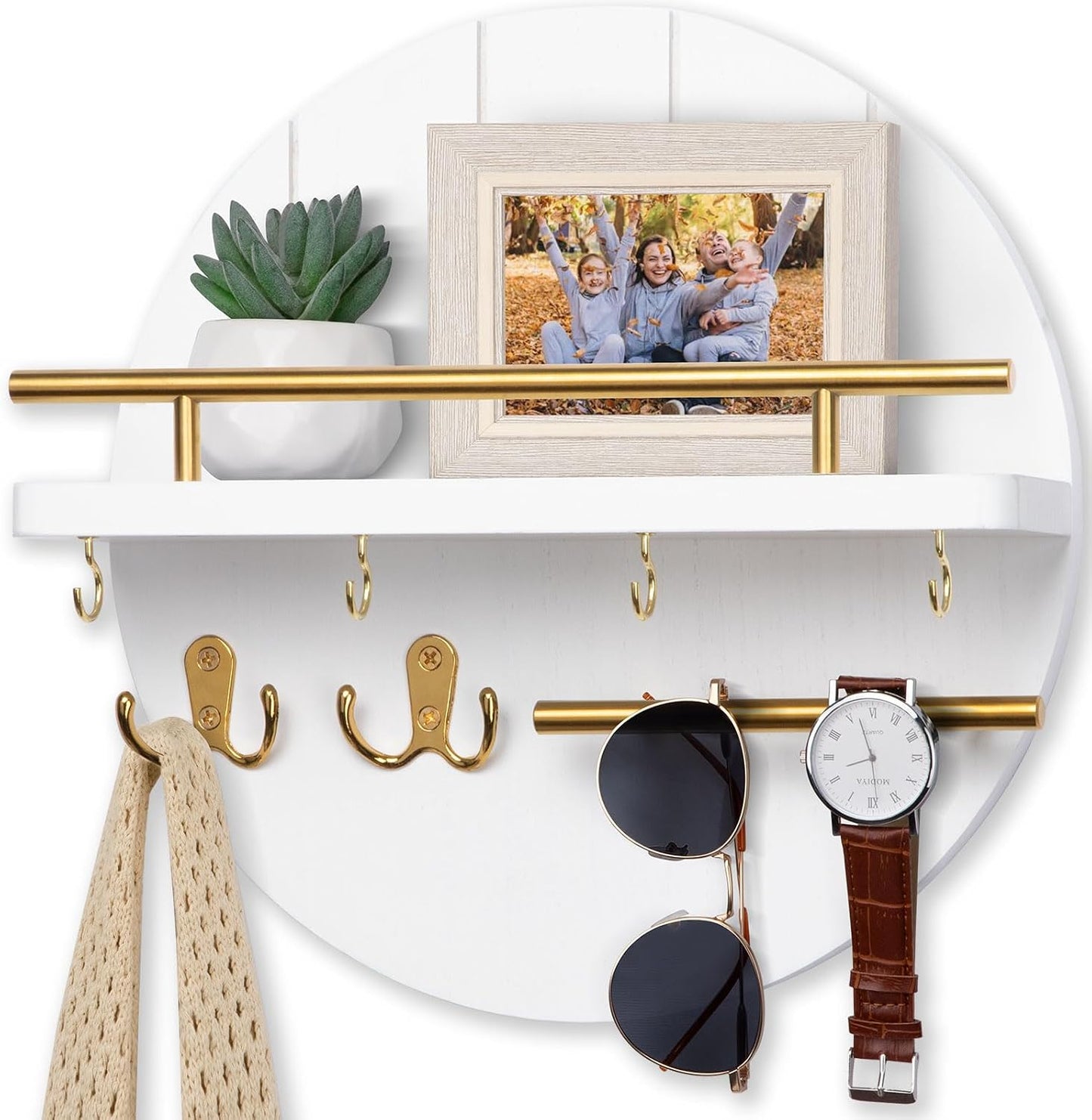 Nekon Key Holder Wall Mount, 11.8 Inch Rack With Shelf and 6 Hooks, Rustic Mail Organizer, Circular Wooden Hanger for Entryway Hallway Kitchen (Brown&Gold)