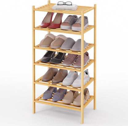 Smiry Bamboo Shoe Rack, 3 Tier Free Standing Wooden Shoe Organizer, Stackable Wood Shoe Storage Shelf for Closet, Entryway, 5 Horizontal Slats, 26.8"x11"x18.3", Natural