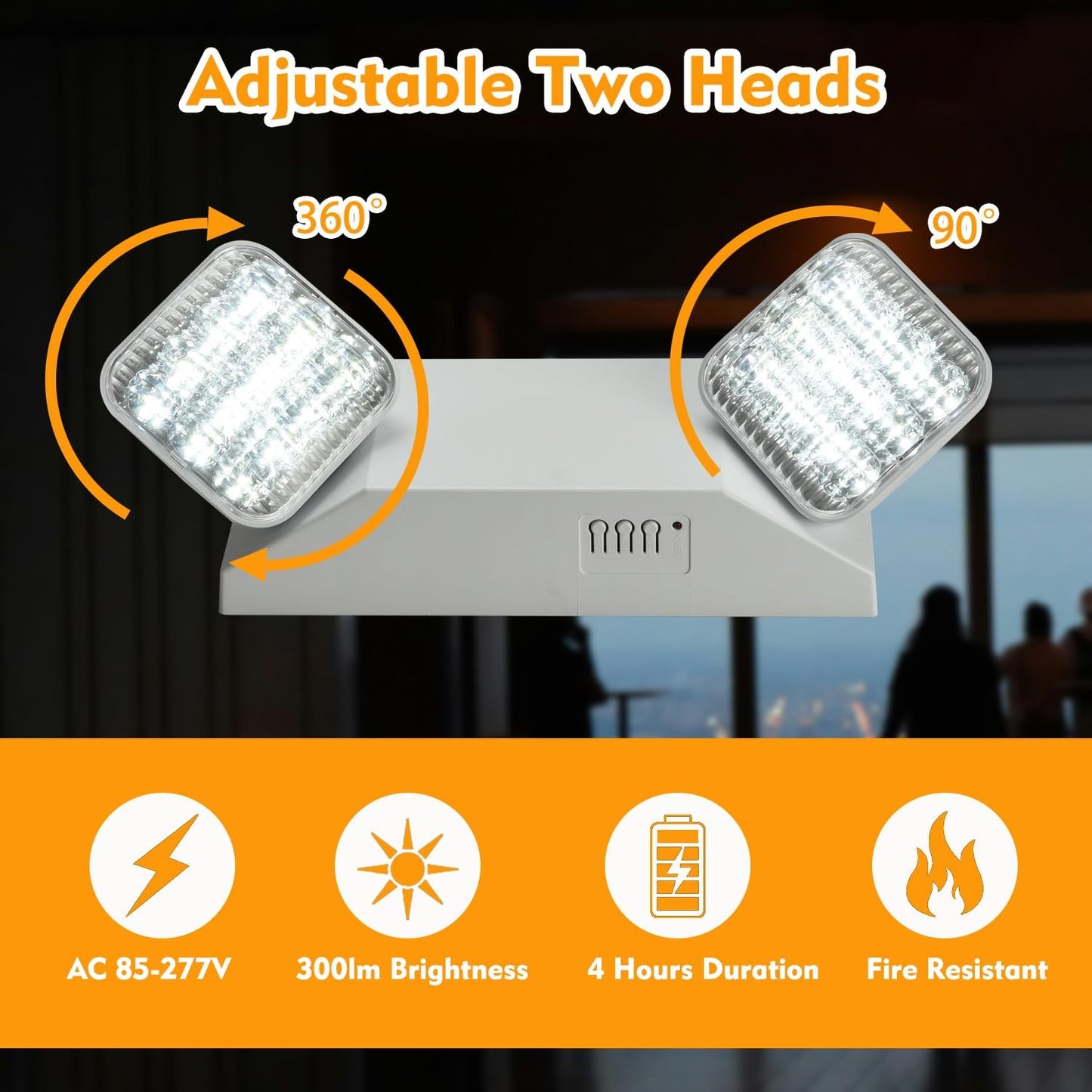 Plug in Emergency Lights for Business Home Power Failure 4Hours 300lm LED Commercial Emergency Light Fixtures with Battery Backup Rechargeable Adjustable Two Heads AC85-277V
