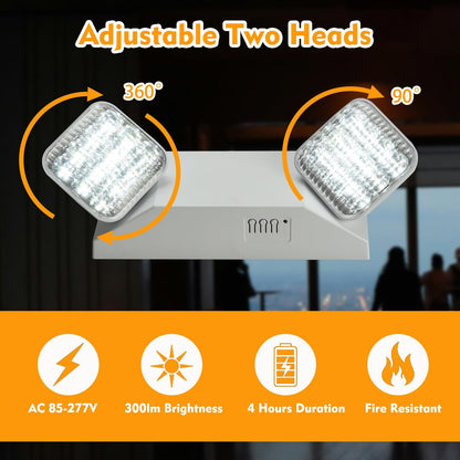 Plug in Emergency Lights for Business Home Power Failure 4Hours 300lm LED Commercial Emergency Light Fixtures with Battery Backup Rechargeable Adjustable Two Heads AC85-277V