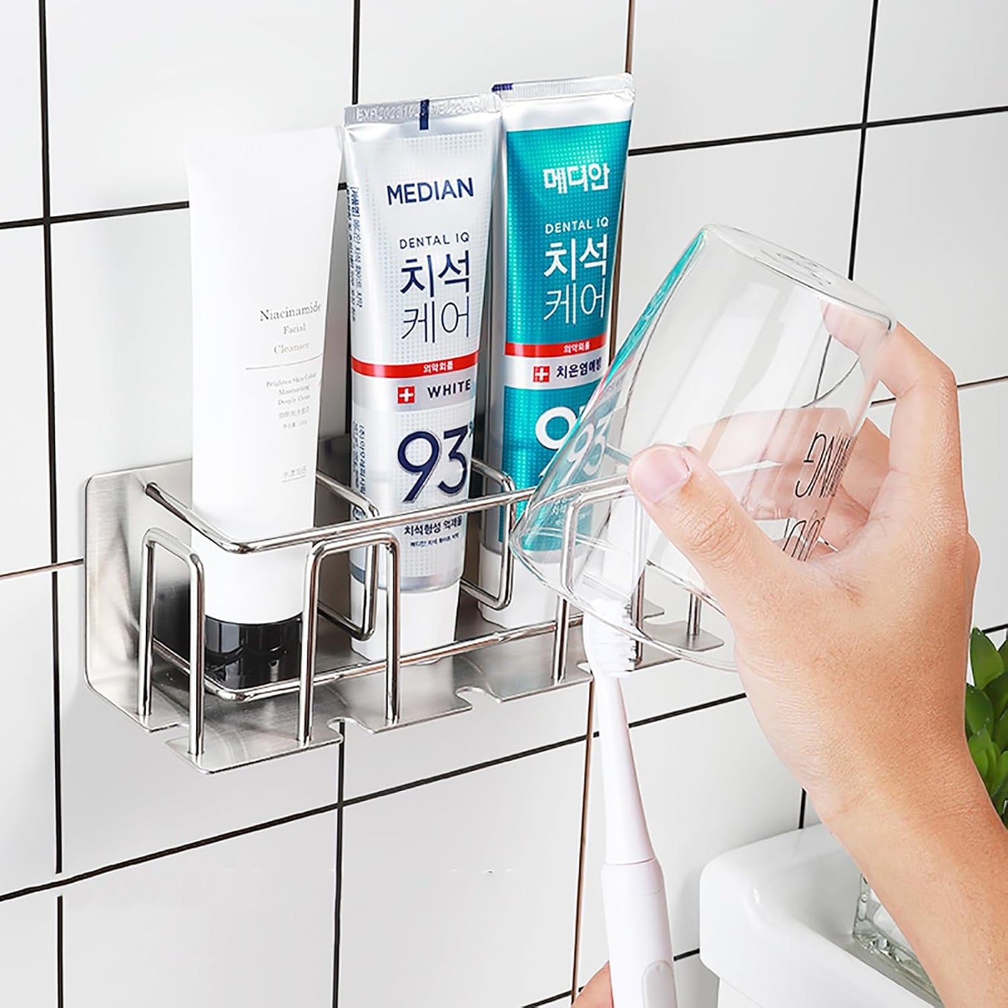 HANZE 2 Pack Toothbrush Holder 304 Stainless Steel Adhesive Wall Mounted 3 in 1 with Toothbrush Holder Toothpaste Holder and Cup Holder for Bathroom Shower