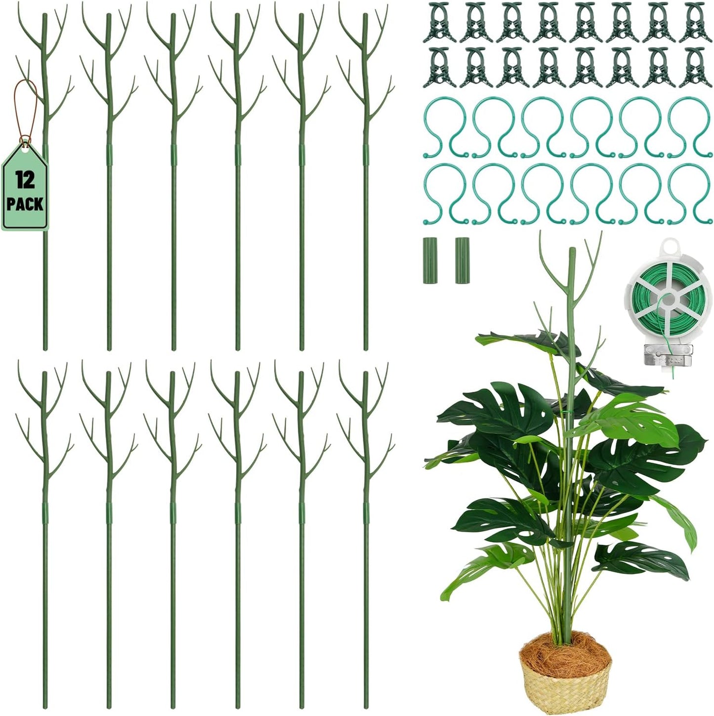 24 Pack Plant Support Stake, Half Round Metal Garden Plant Stake, Green Plant Support Ring, Border Support with Plant Lables & Plant Clips for Outdoor Indoor Plants, Vegetable, Flowers