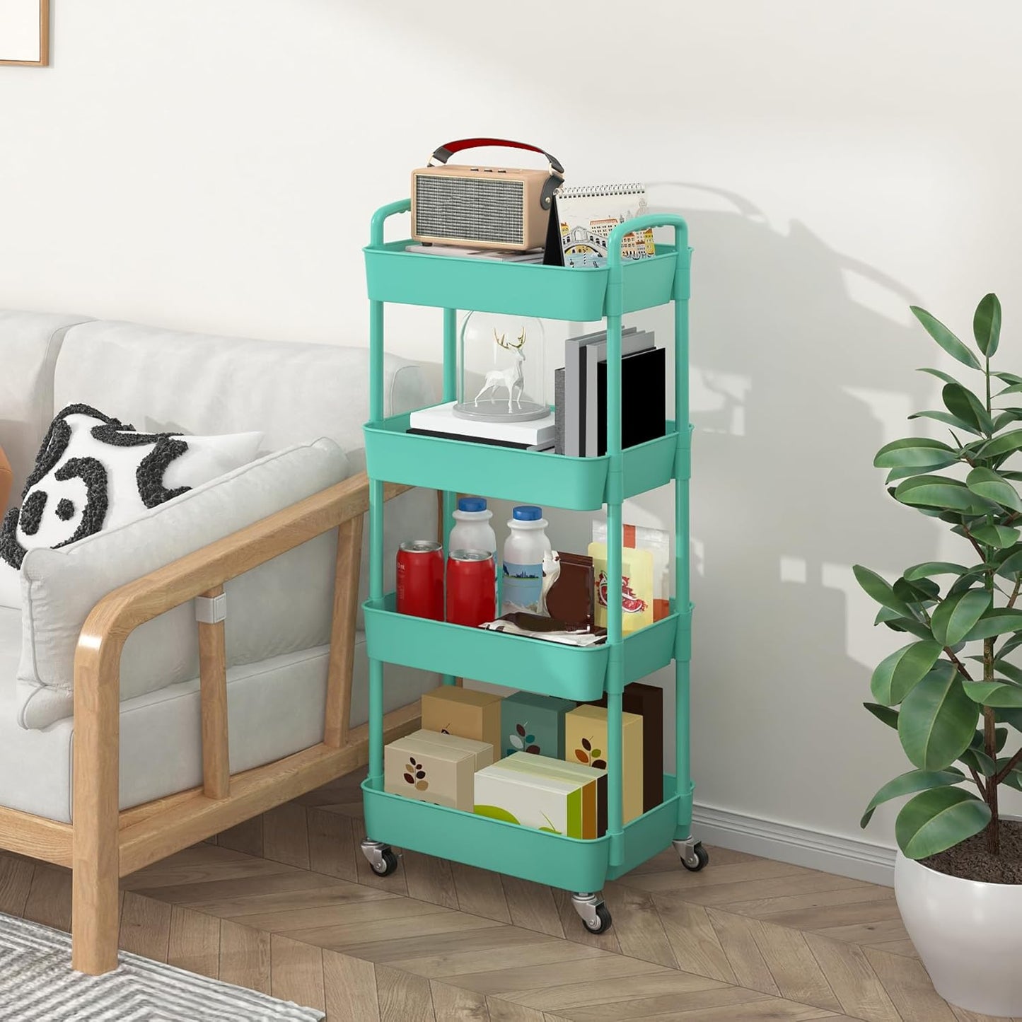 Sywhitta 4-Tier Plastic Rolling Utility Cart with Handle, Multi-Functional Storage Trolley for Office, Living Room, Kitchen, Movable Storage Organizer with Wheels, Black