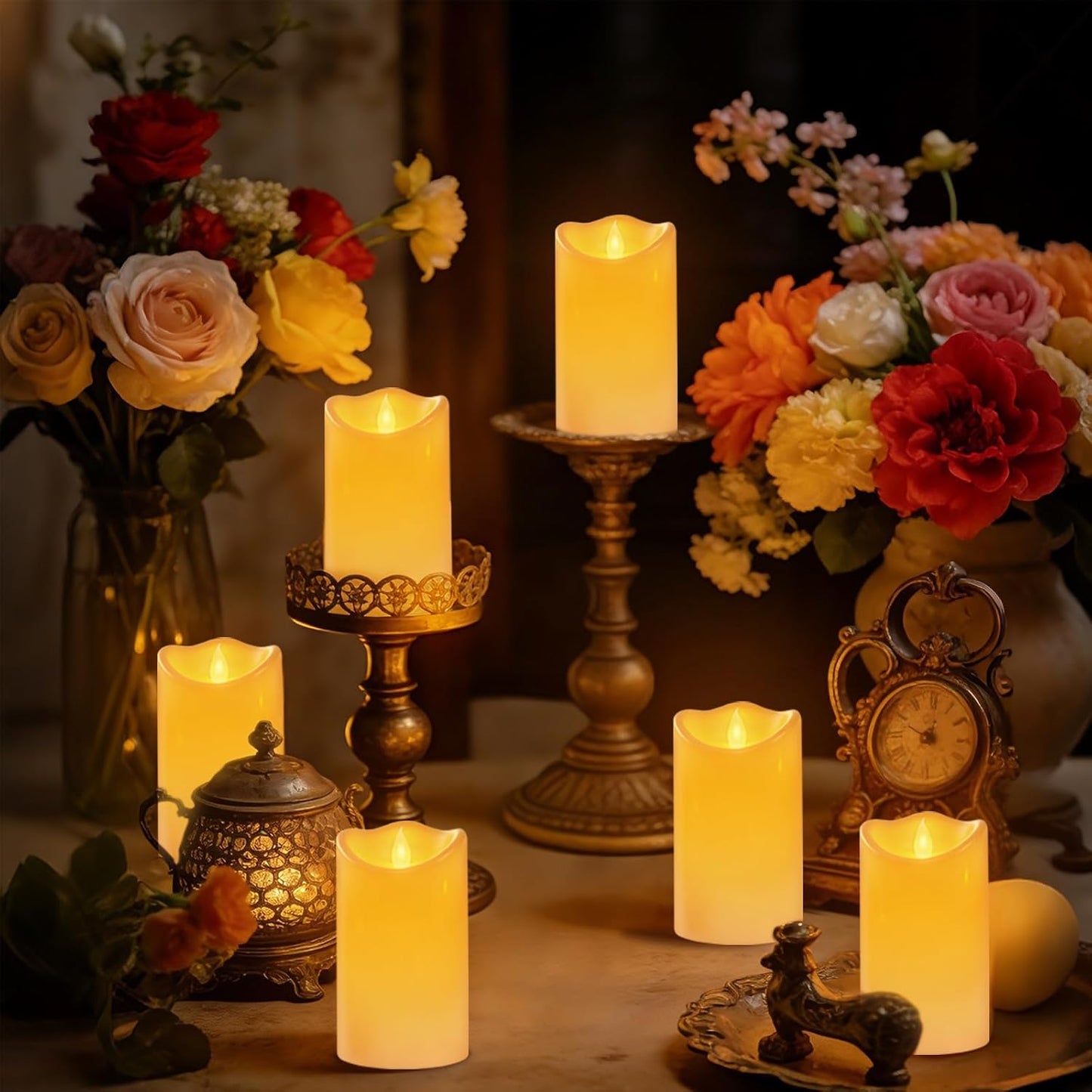 Outdoor Indoor Flameless Candles, Patented 3D Dual-LED, Set of 6 Slanted Top Durable Plastic Pillars with 2 Remotes & Timer, Non-Melting Waterproof Battery Candles for Patio Garden (Ivory)