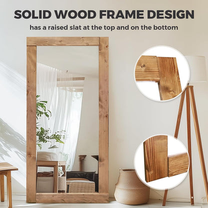 Solid Wood Full Length Mirror - 65"x22" Arched Floor Mirror, Free Standing & Wall Mounted - Elegant Design for Bedroom, Dressing Room, Hallway, Brown