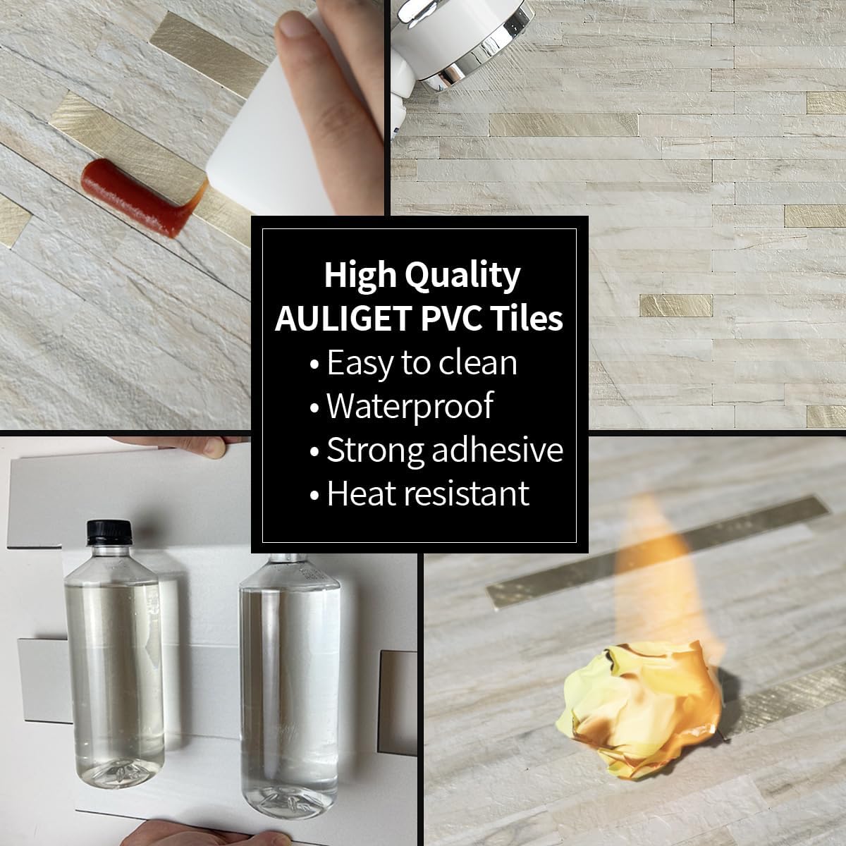 AULIGET 20 Sheets Peel and Stick Backsplash, Black & Grey Wood Look PVC Mixed Metal Stick on Backsplash Tiles for Kitchen