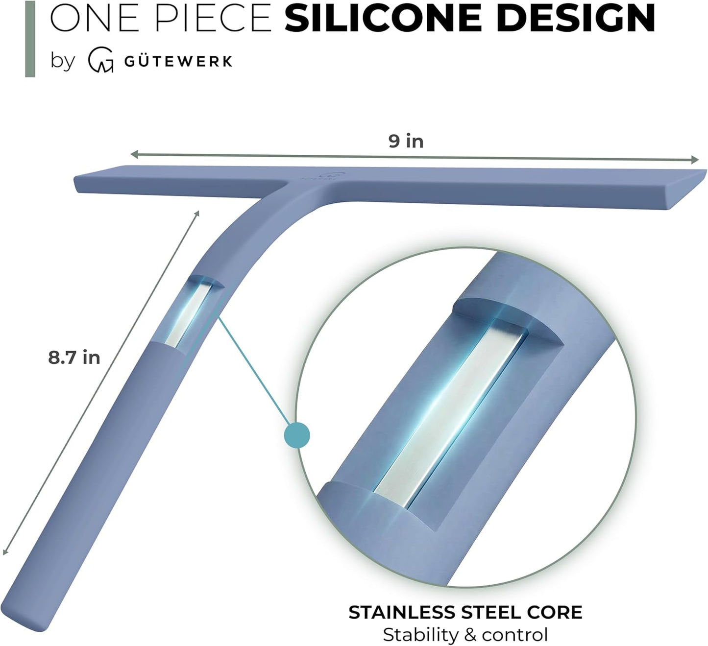 GÜTEWERK Silicone Shower Squeegee for Glass Doors & Mirrors with Stainless Steel Core, Streak-Free & No-Squeak Window Cleaning, 3-in-1 No-Drill Mount (Hook/Suction/Adhesive),White, 9 Inches