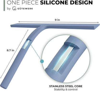 GÜTEWERK Silicone Shower Squeegee for Glass Doors & Mirrors with Stainless Steel Core, Streak-Free & No-Squeak Window Cleaning, 3-in-1 No-Drill Mount (Hook/Suction/Adhesive),White, 9 Inches