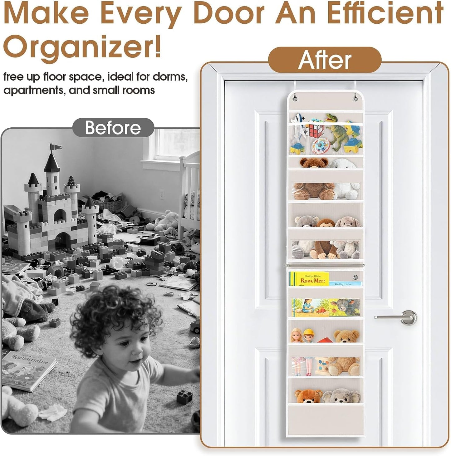 WISELIFE Over The Door Organizer Storage with 4 Large Pockets Door Hanging Organizer with Clear Windows behind The Door Storage for Nursery Bedroom Bathroom Pantry Closet and Baby Essentials Dark Grey