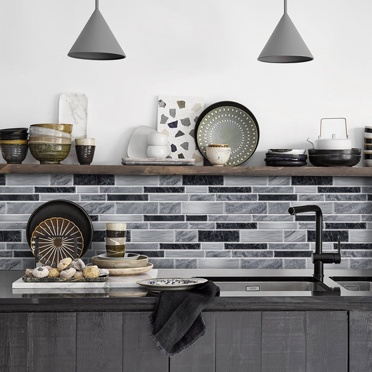 Vinyl Grey Black Tiles backsplash Wallpaper Peel and Stick,Waterproof Tile Decals for Kitchen Bathroom Restaurant Apartment Wall Renovation or Decor(25 Pcs 9.68 * 4.53 inch)
