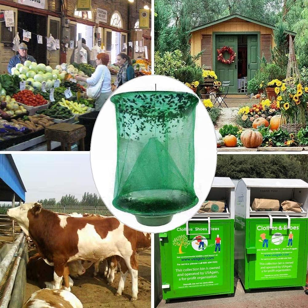 Ranch Fly Trap Outdoor Hanging Reusable with Fishing Apparatus | Food Bait Tray Catcher Cage for Indoor or Outdoor Family Farms, Park (4 Pack)