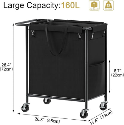 Double Laundry Hamper with Wheels,200L Rolling Laundry Basket 2 Section with Lid,Steel Frame Laundry Cart with Handle and Removable Bags,Dirty Clothes Hamper for Laundry Room,Dorm,Black