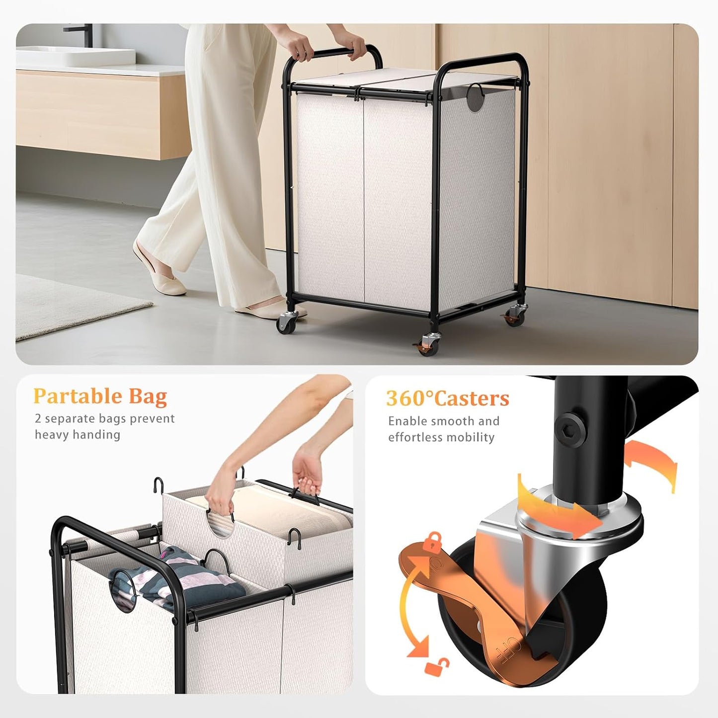 180L (47.55 Gal) Laundry Sorter 3 Section, Rolling Laundry Basket with Lockable Wheels and Lid, Laundry Hamper with 3 Separated Removable Bags Dirty Clothes Hamper for Laundry Room Organizer, Black